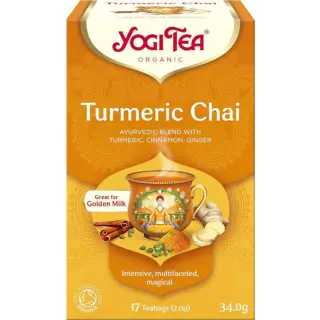 Yogi Tea Turmeric Chai box with turmeric, cinnamon, ginger. "Great for Golden Milk". 17 teabags, 34g.