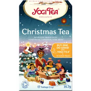 Yogi Tea Christmas Tea box with festive illustration and text about Ayurvedic blend.