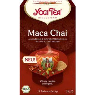 Yogi Tea Maca Chai box with spices and steaming cup. 17 teabags, 35.7g.