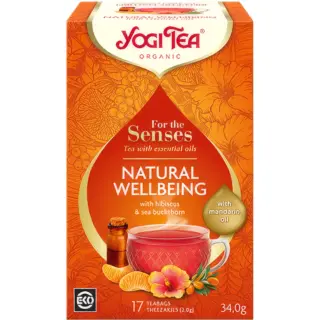 Yogi Tea Natural Wellbeing with hibiscus, sea buckthorn, and mandarin oil. 17 teabags, 34g.