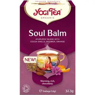 Yogi Tea Soul Balm, 17 teabags, cocoa shells, rooibos, orange. Organic, warming, rich, chocolately.