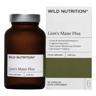 Lion's Mane Plus supplement bottle and box, 90 capsules, by Wild Nutrition.