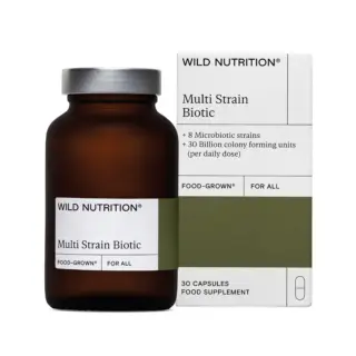 Brown bottle and box of Wild Nutrition Multi Strain Biotic, 30 capsules, food supplement.