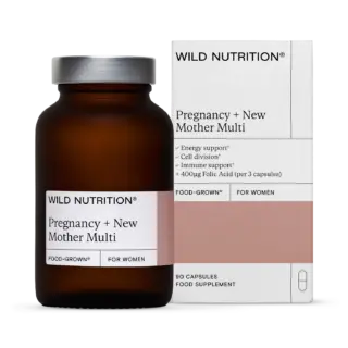 Brown bottle and box of Wild Nutrition Pregnancy + New Mother Multi capsules.