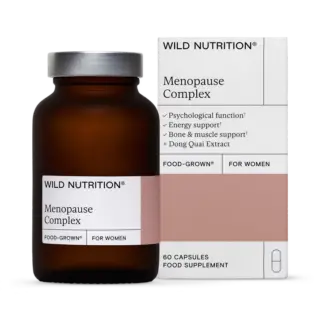 Wild Nutrition Menopause Complex bottle and box, 60 capsules, food supplement for women.