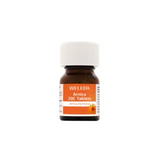 Weleda Arnica 30C Tablets bottle with white cap and orange label.