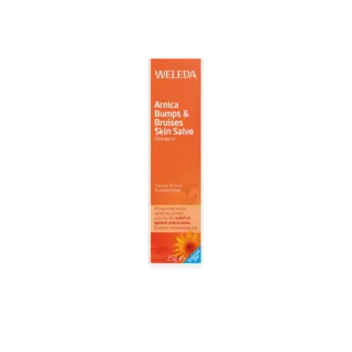 Weleda Arnica Bumps & Bruises Skin Salve, 25g, orange packaging with flower image.