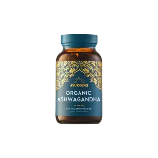 Brown bottle of Ayurvediq Organic Ashwagandha, 120 vegan capsules, food supplement.