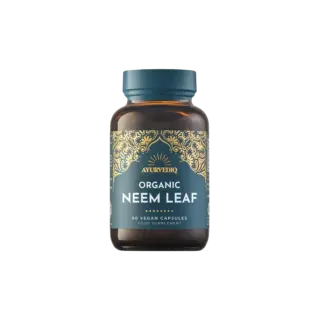 Brown bottle of Ayurvediq Organic Neem Leaf, 60 vegan capsules.