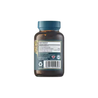 Brown bottle with blue cap, product label detailing organic neem capsules, 600mg, 60 count.