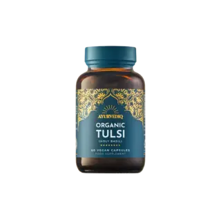 Brown bottle of Ayurvediq Organic Tulsi capsules, 60 vegan capsules, food supplement.