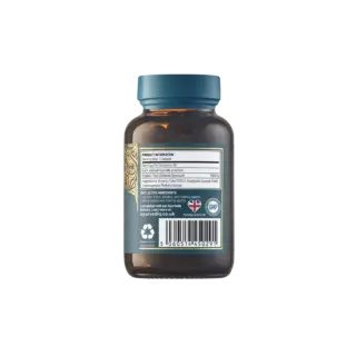 Brown bottle with blue lid, product information label, barcode, and recycling symbols visible.