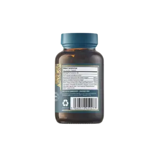 Brown supplement bottle with product information label and barcode.