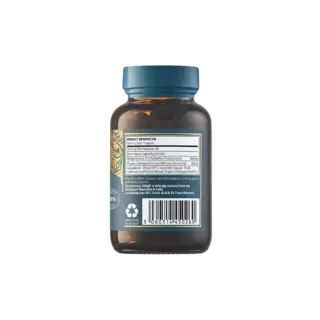 Brown supplement bottle with product information label and barcode.