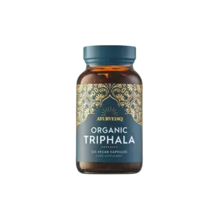 Brown bottle of Ayurvediq Organic Triphala, 120 vegan capsules.