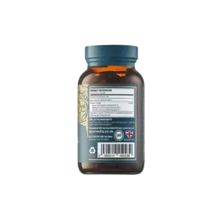 Brown supplement bottle with product information and UK flag label.