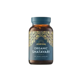 Ayurvediq Organic Shatavari, 120 vegan capsules, food supplement in amber jar.