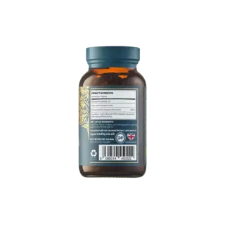 Brown supplement bottle with label showing product information and barcode.