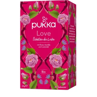 Pukka Love tea box with floral design, 24g, 20 teabags, rose, chamomile, lavender.