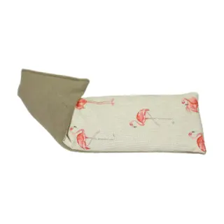 Cream eye pillow with pink flamingo pattern and brown fleece backing.