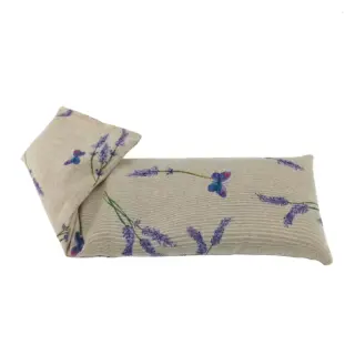 Beige eye pillow with lavender and blue flower print.