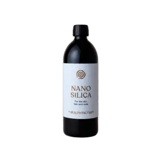 Black bottle with "Nano Silica" label for skin, hair, and nails by The Health Factory.