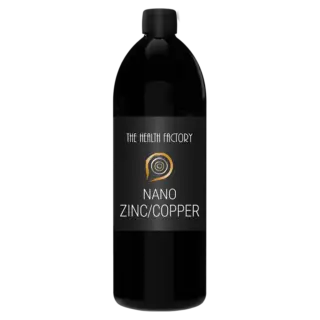 Black bottle labelled "The Health Factory Nano Zinc/Copper".