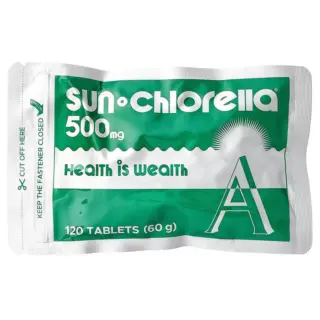 Sun Chlorella 500mg, 120 tablets, "Health is wealth" text on green and white packaging.