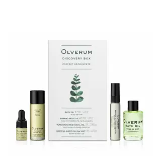 Olverum Discovery Box with oils and mist bottles arranged around the box.