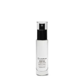 Clear bottle of Olverum Nightfall Sleep Mist with black spray top.