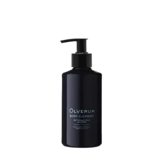 Dark bottle of Olverum Body Cleanser with pump dispenser.