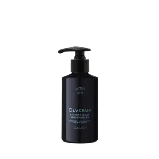 Black bottle of Olverum Firming Body Moisturiser with pump dispenser.