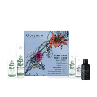 Olverum Home Away From Home Collection with floral design and product bottles.