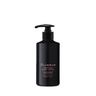 Black bottle of Olverum Soothing Hand Lotion with pump dispenser.
