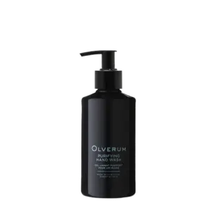 Black bottle of Olverum Purifying Hand Wash with pump dispenser.