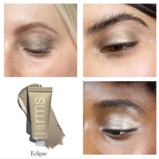 Four eyes with metallic eyeshadow and a tube labelled "rms Eyelights Eclipse".