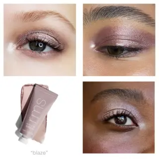 Three eyes with shimmery eyeshadow and a tube of RMS Beauty Eyelights in "Blaze".