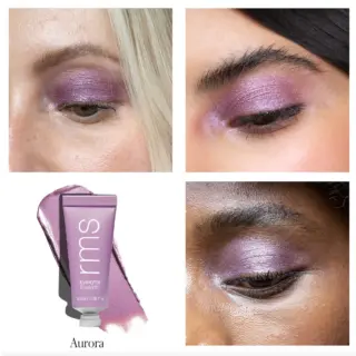 Three close-ups of eyes with purple eyeshadow. Tube labelled "rms Eyelights Aurora".