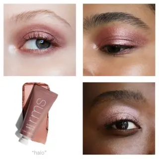 Three eyes with pink eyeshadow and a tube of RMS Beauty Eyelights in "Halo".