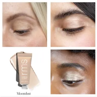 Three closed eyes with Moondust eyeshadow. Tube labelled "rms Eyelights" with swatch.