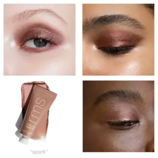 Three eyes with shimmery rose eyeshadow. Tube labelled "rms eyelights" in shade "spark".