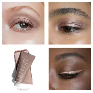 Three eyes with shimmery eyeshadow. Tube of RMS Beauty Eyelights in "strobe".