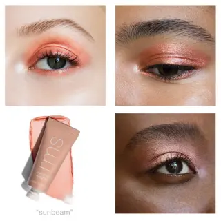 Three eyes with shimmery peach eyeshadow. RMS Beauty Eyelight in "Sunbeam" tube shown.
