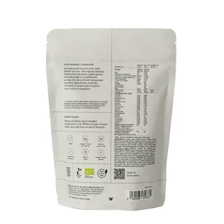 Back of a nutrition powder pouch with ingredients, directions, and QR code.