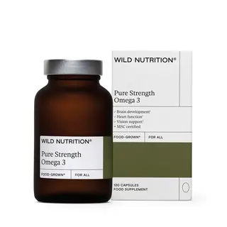 Brown bottle and box of Wild Nutrition Pure Strength Omega 3 capsules.