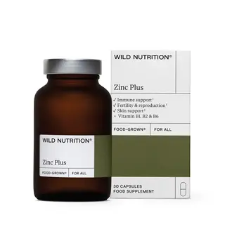 Wild Nutrition Zinc Plus bottle and box, 30 capsules, for immune and skin support.