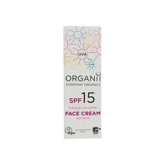 Organii Everyday Organics SPF 15 face cream box with vegan and organic certification logos.