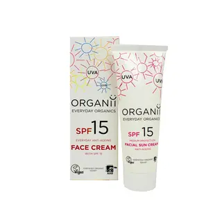 Organii SPF 15 anti-ageing face cream, 50ml tube and box, certified organic and vegan.