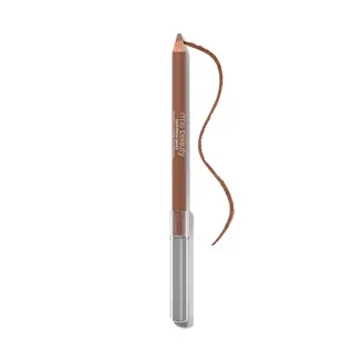 Brown eyeliner pencil with silver cap and curved line drawn.