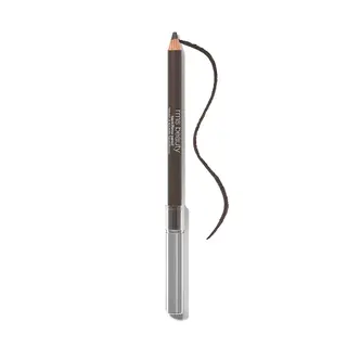 Brown eyeliner pencil with a silver cap and a curved line drawn beside it.